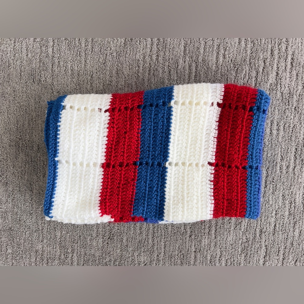 Hand Knit Red, White, and Blue Crochet Blanket